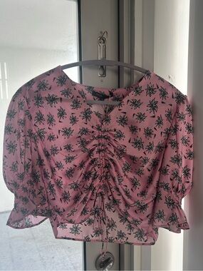 Maje Pink Palm-Print Ruched Crop Top